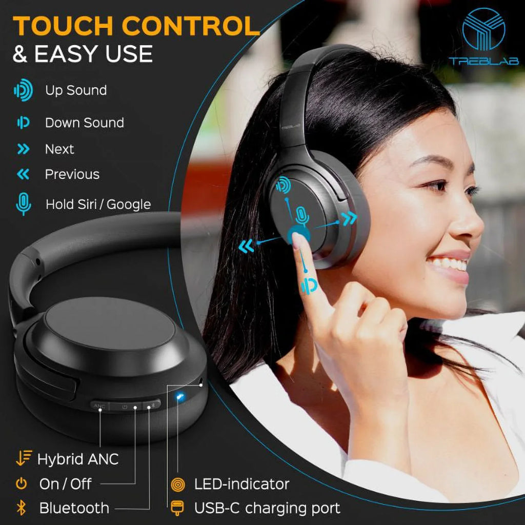Sound, PRO Z7 Active Noise Wireless Charging, - Hybryd Stereo Over Control Headphones (Grey) USB-C & TREBLAB Canceling Bluetooth w/aptX, Touch Mic Fast 45H Ear Headphones ANC with - Playtime