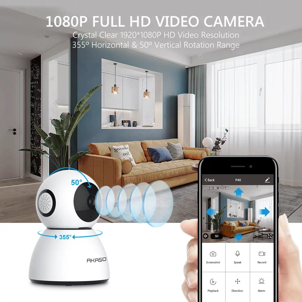 Home WiFi Monitor Baby/Pet IP AKASO Camera, with Camera, Work 1080P Camera Surveillance Alexa FHD Smart Security