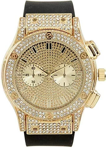 Blast Big Hop by Chrono Mens Cuban) Charles Out Diamond Inspired Timepiece - - Faux ST10311 - Bling Iced Rhinestones on Raymond - Hip Watch Rubber Eyes (Gold
