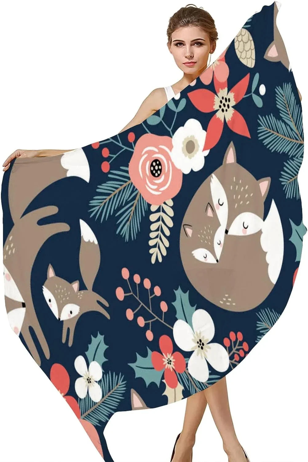 Girls Cute Dark Neck Foxes Scarves Flowers Blue Long Wrap Women for Scarf on Hyjoy Lightweight Shawl and Silk
