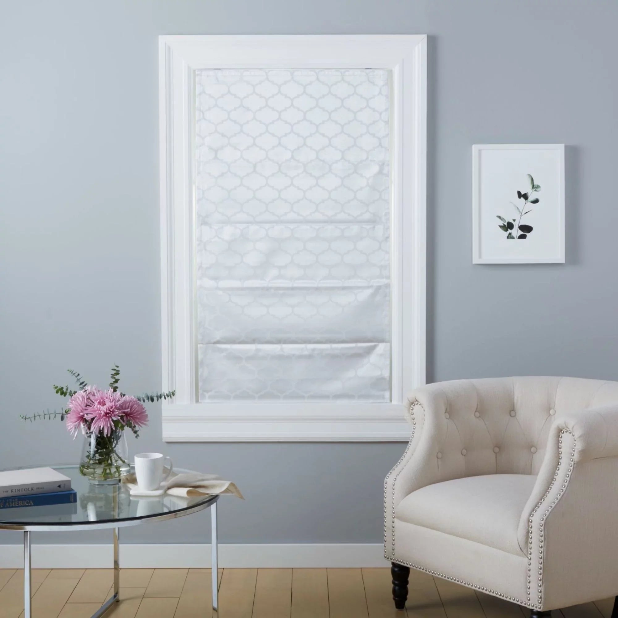 Blackout Exclusive Montague Roman White Home Shade, Total Trellis 31"x64",