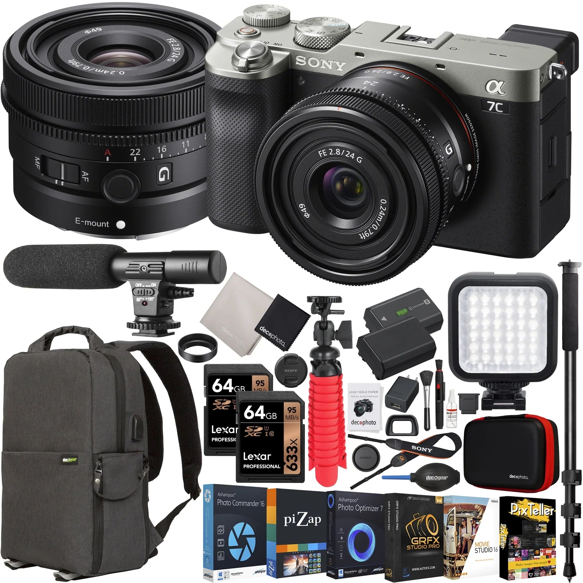 Compact + with G Camera Mirrorless and Frame Bundle Lens with SEL24F28G F2.8 Silver Accessories Body Photography Deco + Monopod Backpack 24mm Microphone Case a7C ILCE7C/S FE + Gear Full LED