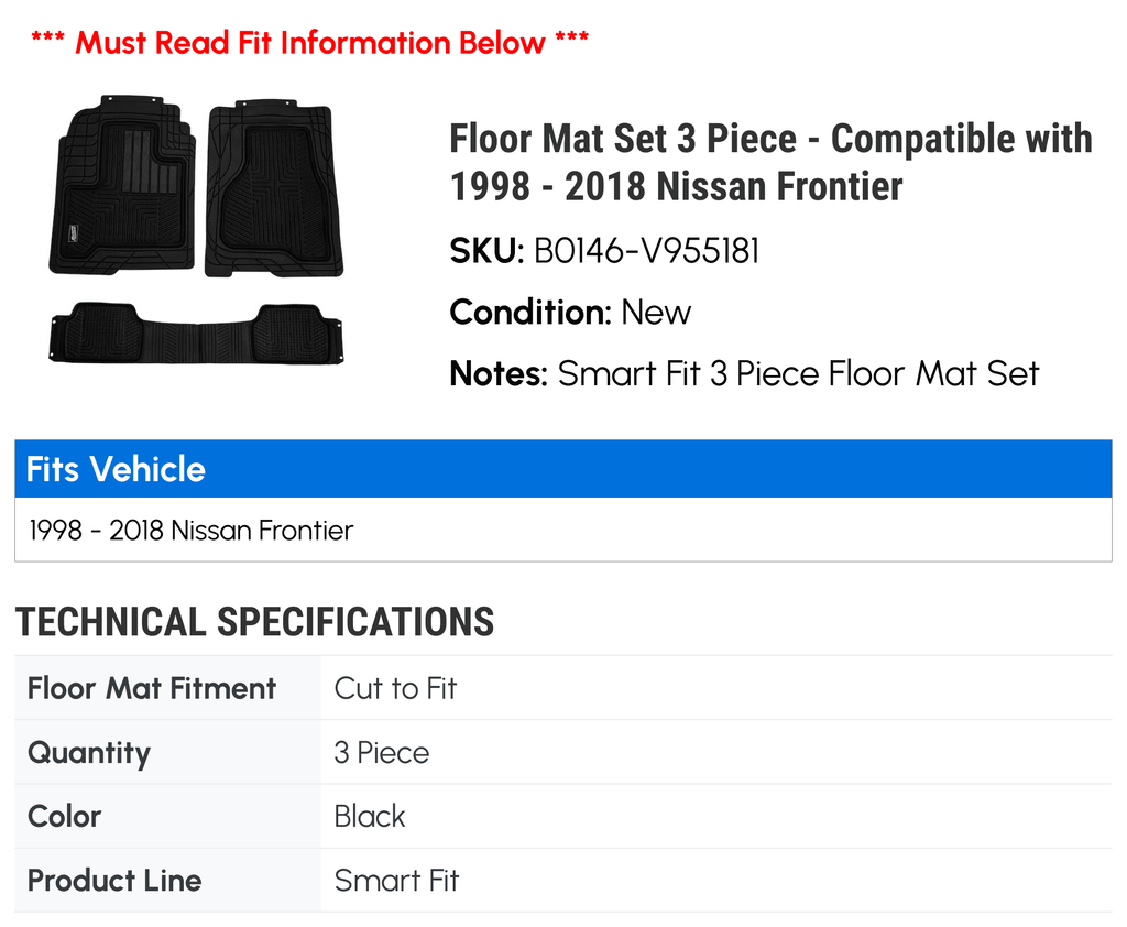 2009 - Floor Compatible 2004 2003 2011 2000 2016 Frontier 2017 2001 1998 2012 2006 - Piece Set 1999 2008 2002 2015 2007 Nissan 2013 2014 Mat 2018 with 3 2005 2010