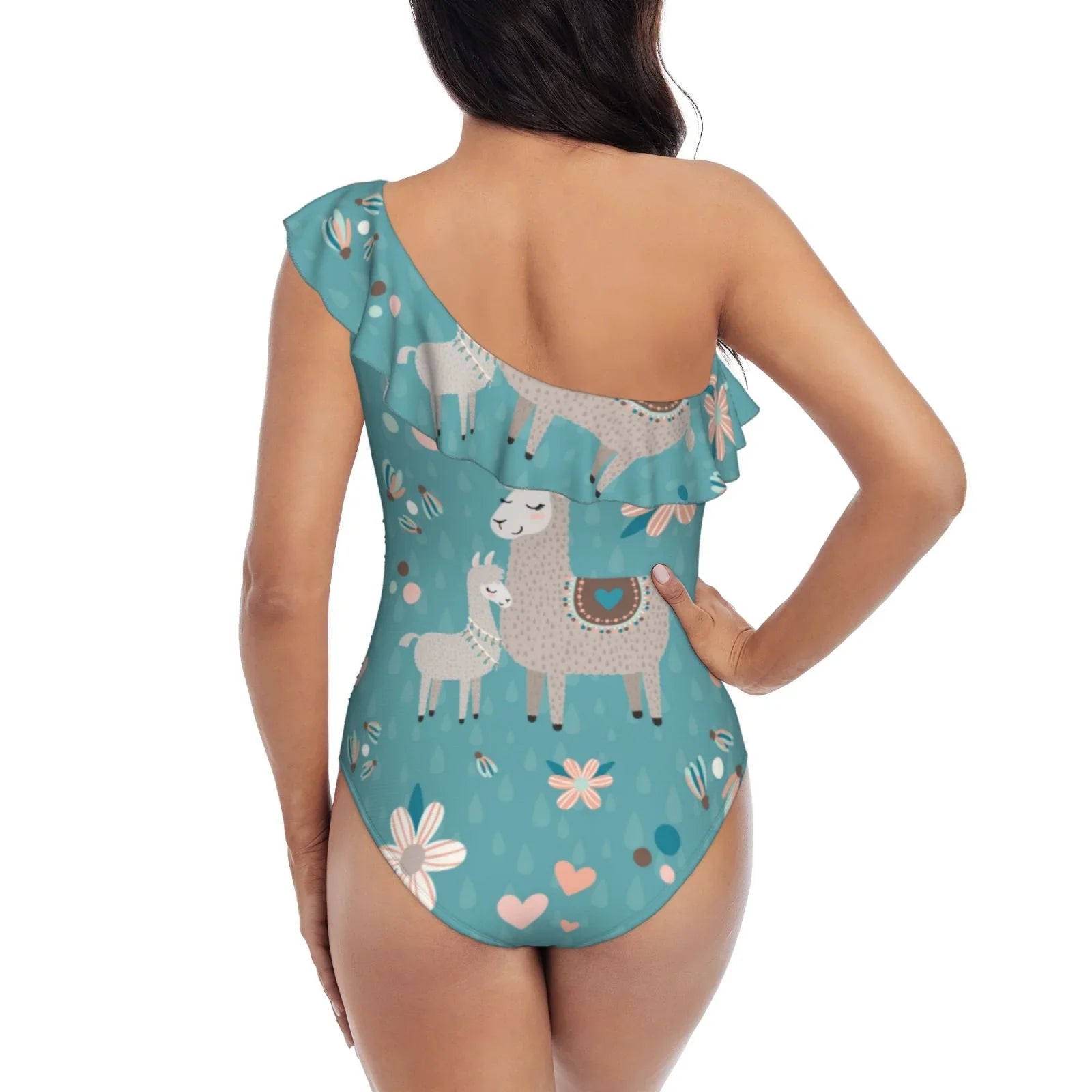 Small Monokinis - Llama Suits Piece One Swimsuits Coaee Women's Mama Teal Asymmetric Bathing Swimwear One Shoulder Ruffle