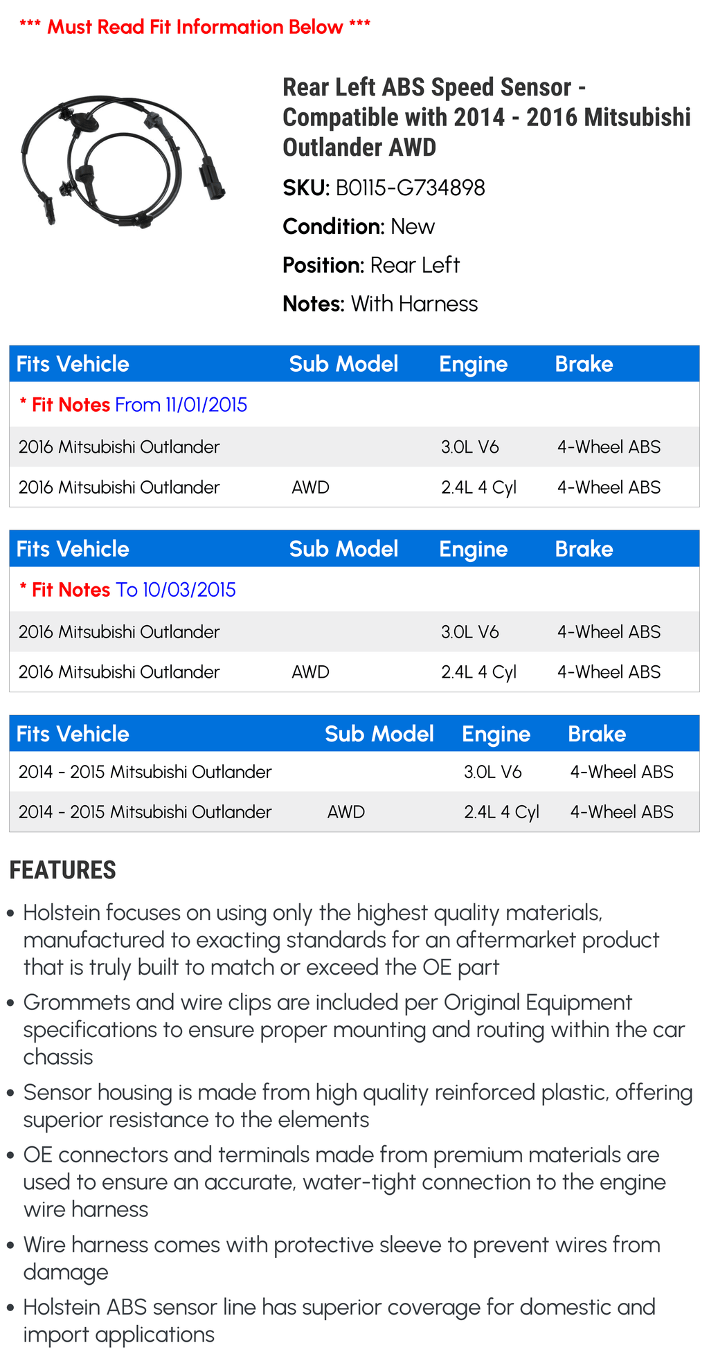 '- Sensor ABS Outlander - with Left 2014 AWD Mitsubishi Speed 2015 2016 Compatible Rear
