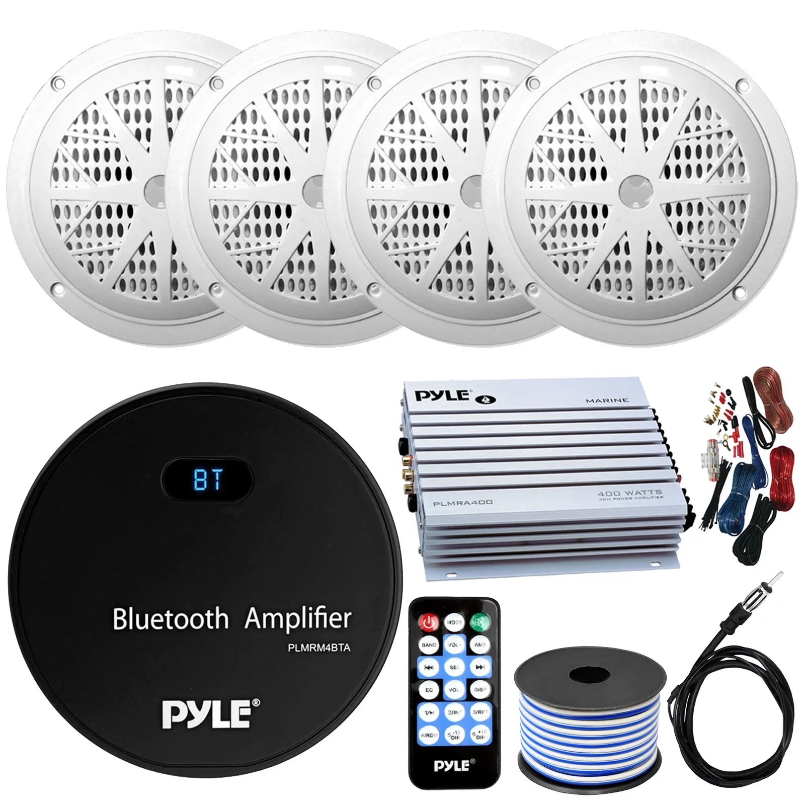White w/ with Amp USB Pyle Audio Bluetooth 4 6.5'' Bundle: Bundle 21-29' Speaker 120W Boat Receiver Combo x Wire, Wiring Antenna Radio design AUX Speakers, Kit, Pontoon Marine 4-Channel Gauge Marine