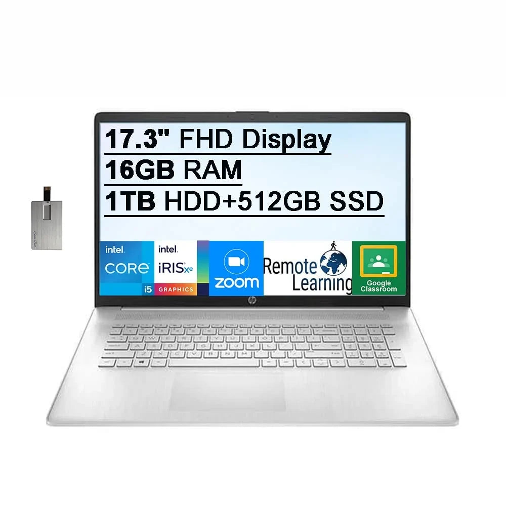 Iris RAM, USB FHD Computer, Processor, 1TB i5-1155G7 250 Xe Card 17.3" Webcam, 16GB HD Silver, 32GB Core Intel Laptop Graphics, HDD+512GB Nits Keyboard, SSD, Win11, HP Audio, HD Backlit Intel IPS 2021
