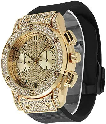 Blast Big Hop by Chrono Mens Cuban) Charles Out Diamond Inspired Timepiece - - Faux ST10311 - Bling Iced Rhinestones on Raymond - Hip Watch Rubber Eyes (Gold