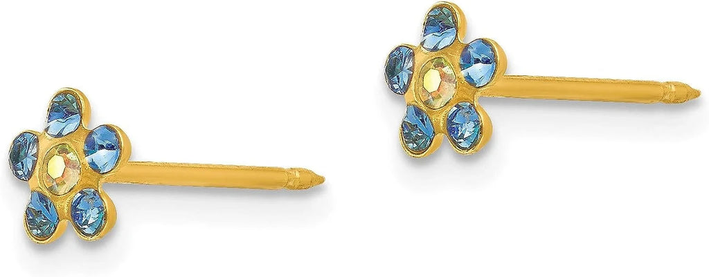 Inverness Earrings Crystal 14k Borealis 5mm Yellow - Solid Blue/Aurora Gold Flower