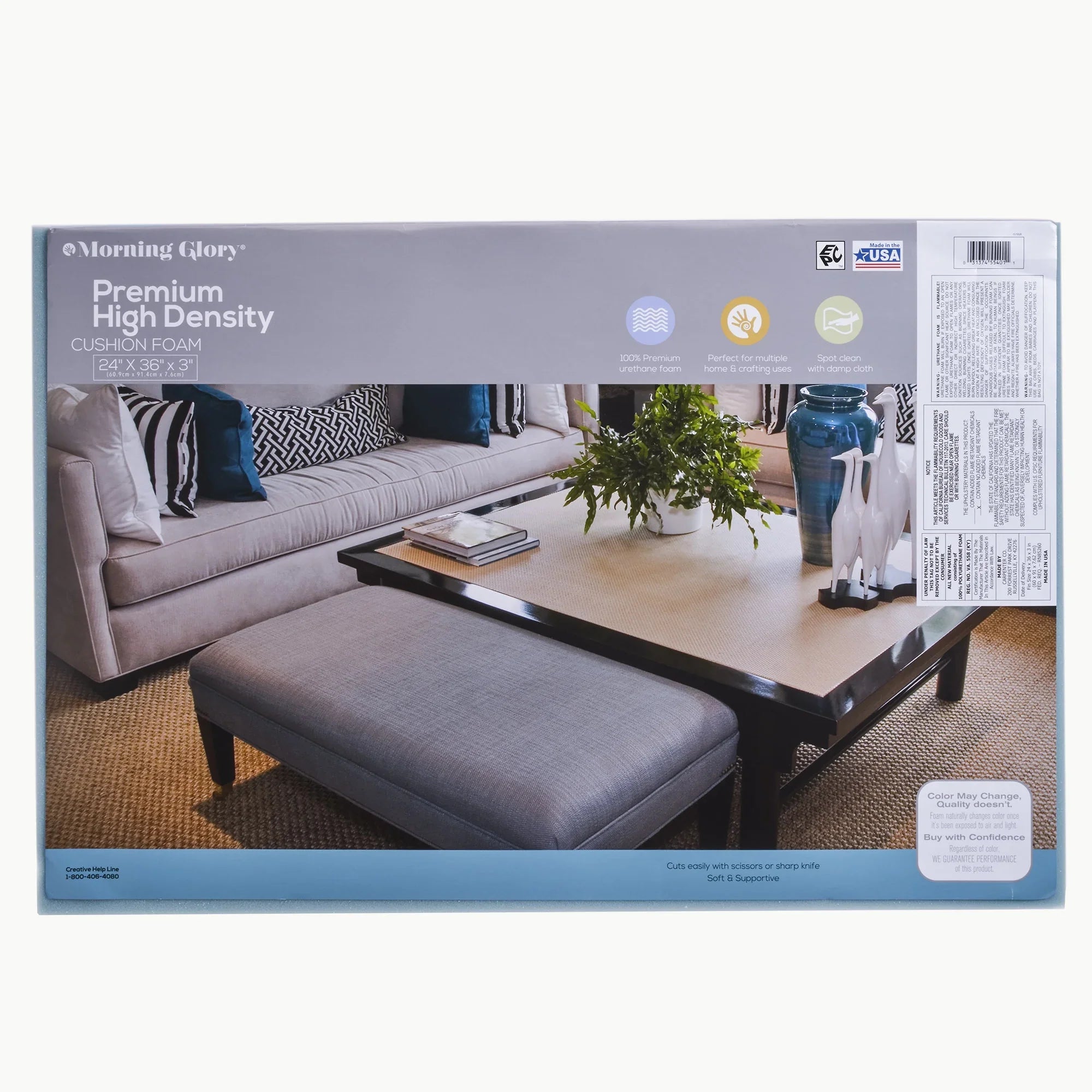 Rectangle Cushion Foam, x x High Each. and 1 Morning 24" Glory 3" Craft Density 36" Thick, Blue