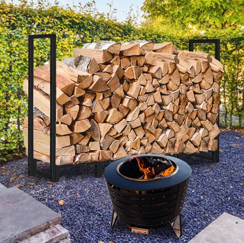 Wood Fireplace Koutemie Adjustable Storage, for Stand, 8Ft Holder Log Black Stacker Firewood exterior Fire Rack