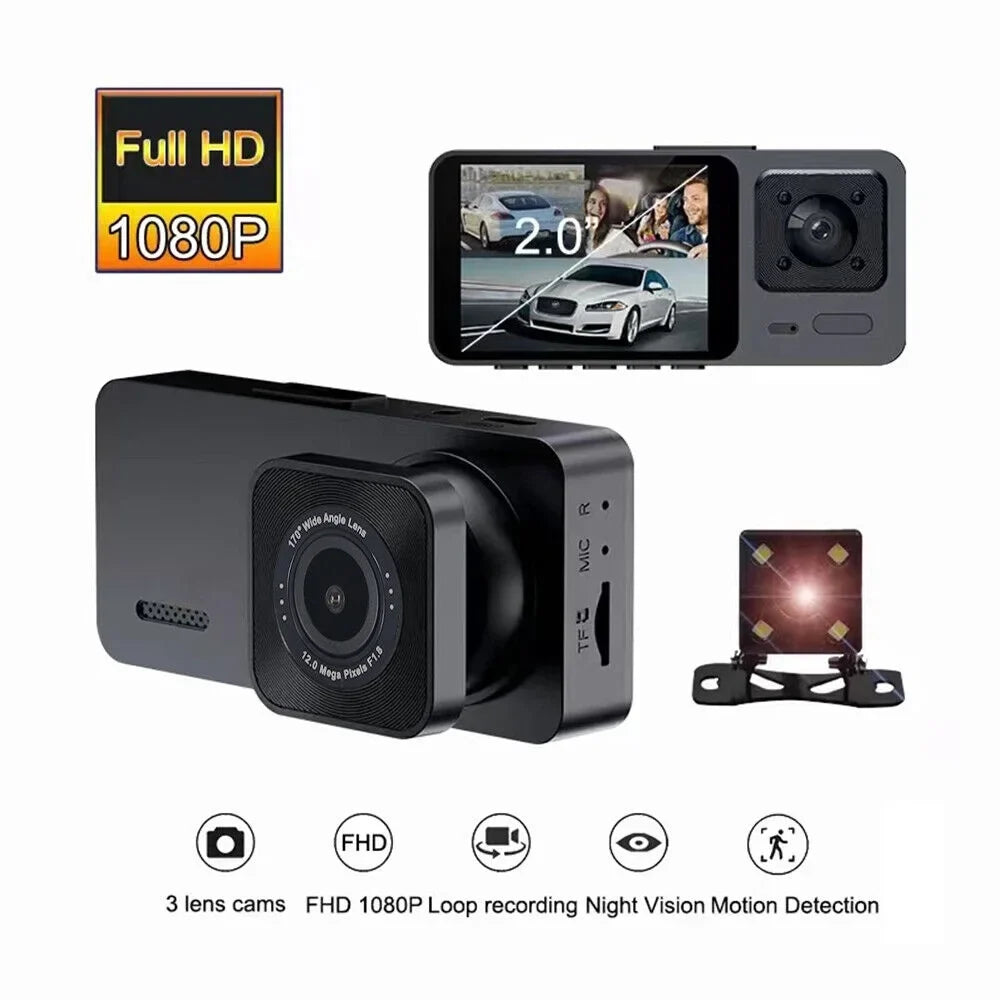 1080P Video Cam Front/Rear/Inside Recorder Car Dash 3 Dual Lens JLLOM HD Lens G-sensor Camera