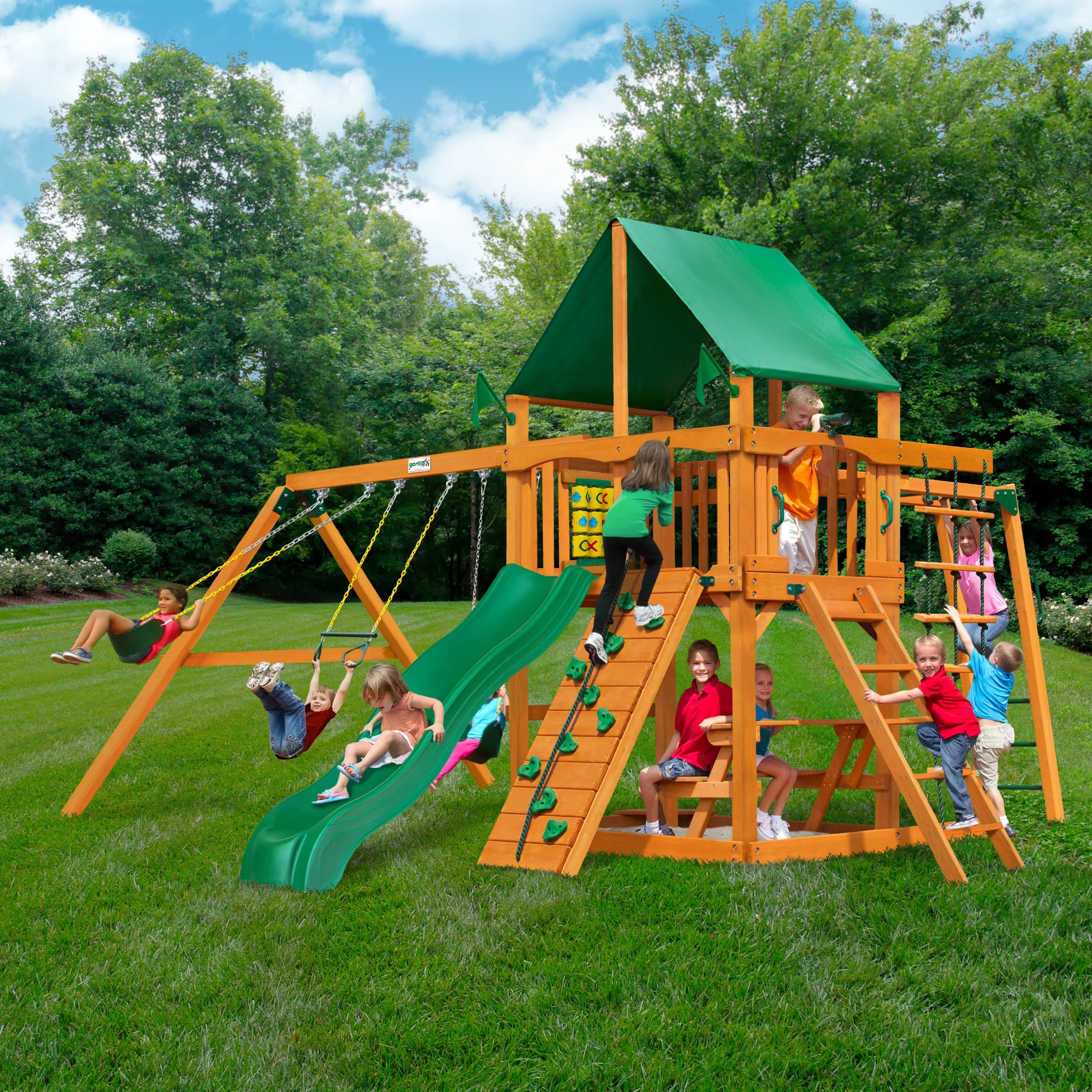Playsets Bars, Canopy, Swing Monkey and Climbing Green Navigator with Rock Wooden Gorilla Vinyl Set Wall