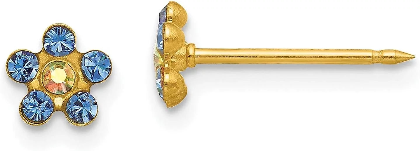 Inverness Earrings Crystal 14k Borealis 5mm Yellow - Solid Blue/Aurora Gold Flower