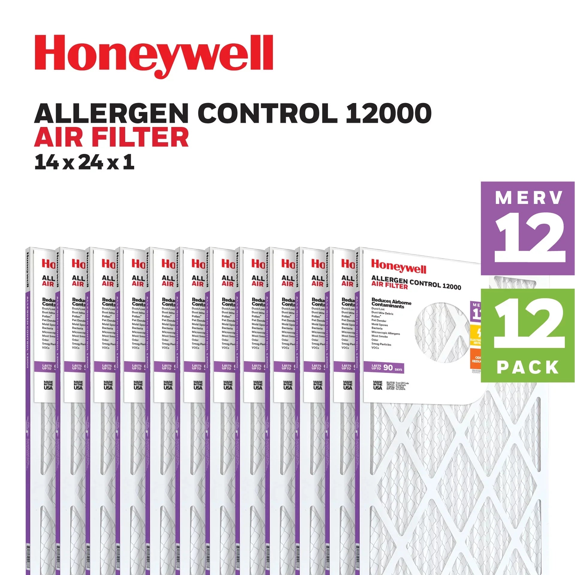 Pleated MERV 14x24x1 Filter- Honeywell 12 Furnace Air Pack HVAC 12