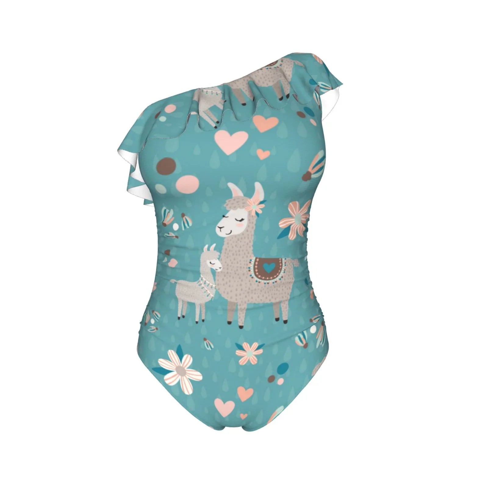 Small Monokinis - Llama Suits Piece One Swimsuits Coaee Women's Mama Teal Asymmetric Bathing Swimwear One Shoulder Ruffle