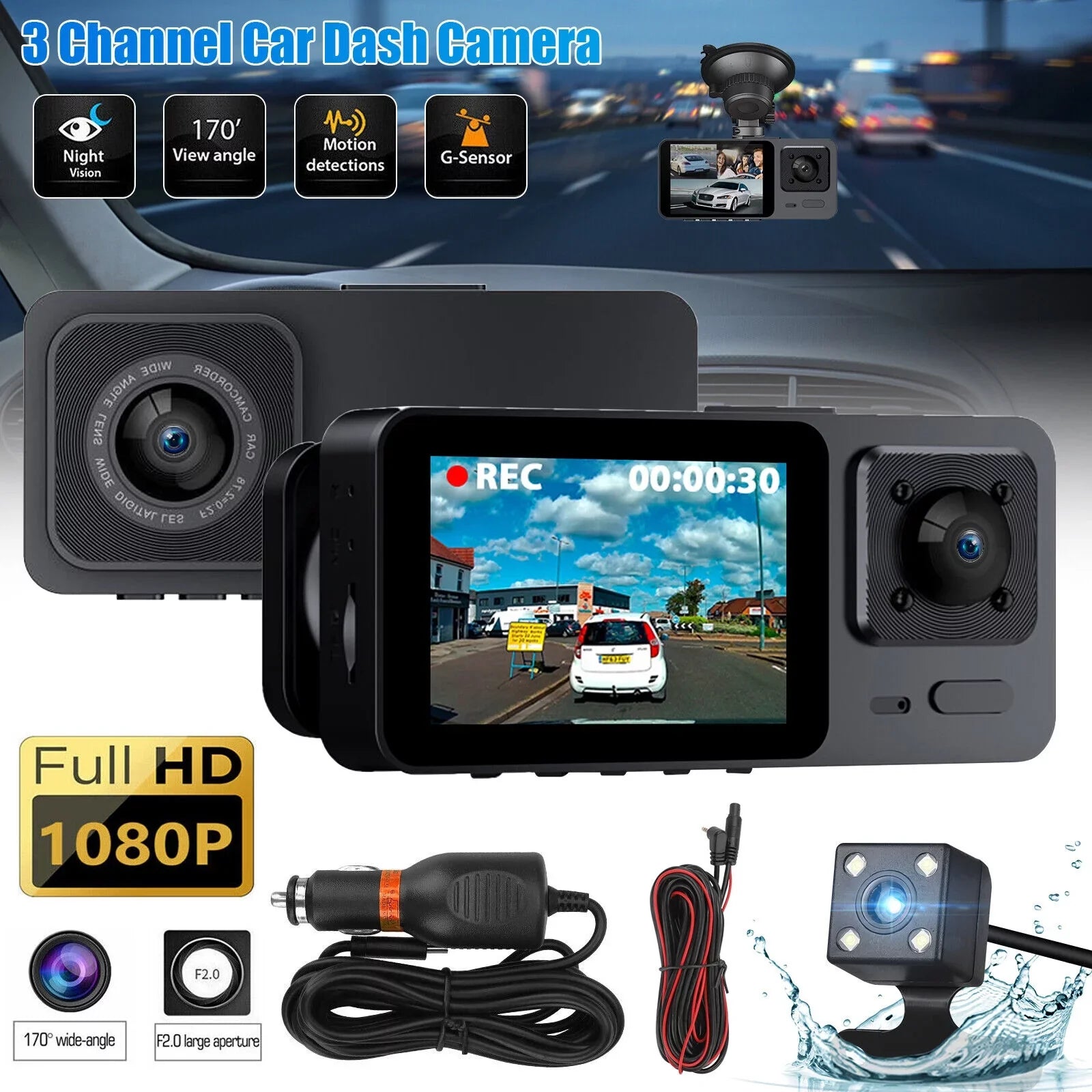 Video G-Sensor Inside DVR Dash Camera Car Cam Recorder 3 Front Lens 1080P Rear