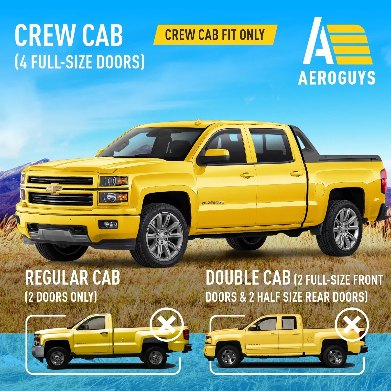 Extra 1500 AG0421 Rain Guards Fit Visors, Window (Chevy) 2014-2018 Sun Visors, Window Crew Deflectors Chevrolet for -4pcs. In-Channel Vent Accessories Cab, AEROGUYS Wind Silverado Durable Truck Visors