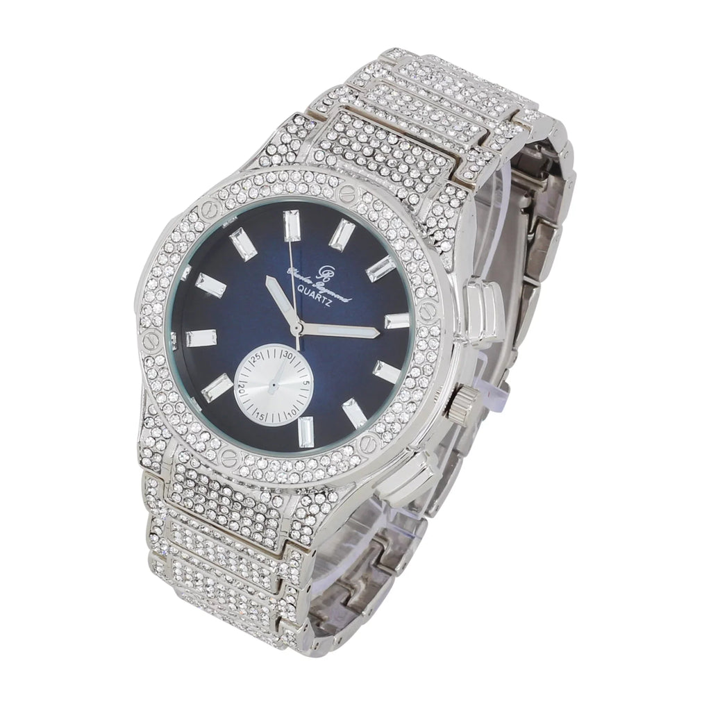 ST10311 -C Charles - MB on Blast Hop Timepiece- Men's Big Raymond Inspired by Bling Diamond Blue Out - Rhinestones SLV Iced Hip Watch
