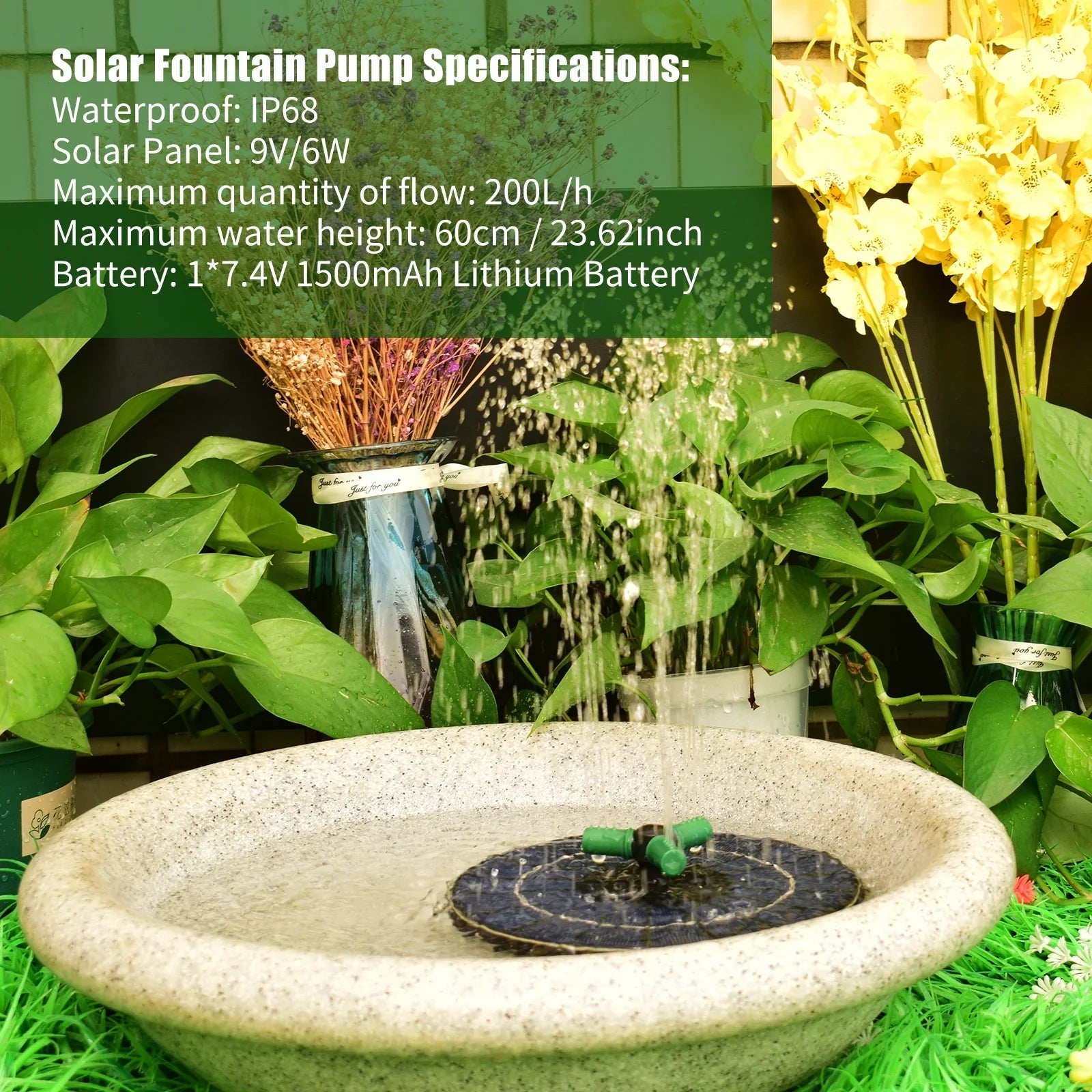 Inch 6W Small Bird 9 Fountain Pump Solar Pond Nozzle Bath for Solar Garden LED Colorful Auto-Shut liquid Rotatable Battery Pump Fountain Light off With With
