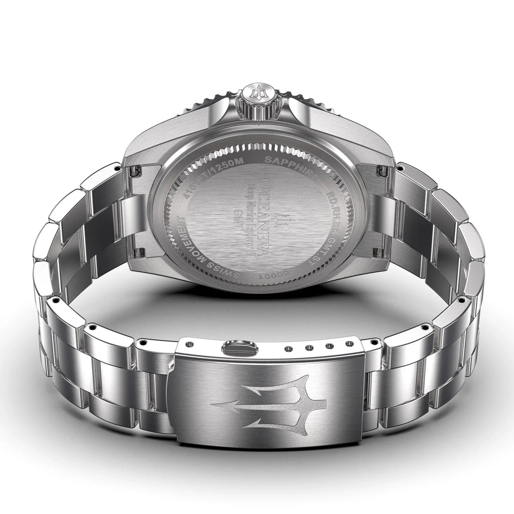 Stainless Diver Black- Men's Oceaneva™ Explorer Marine Steel Bracelet Red and Quartz, Pro 1250M Swiss Movement Watch GMT Deep