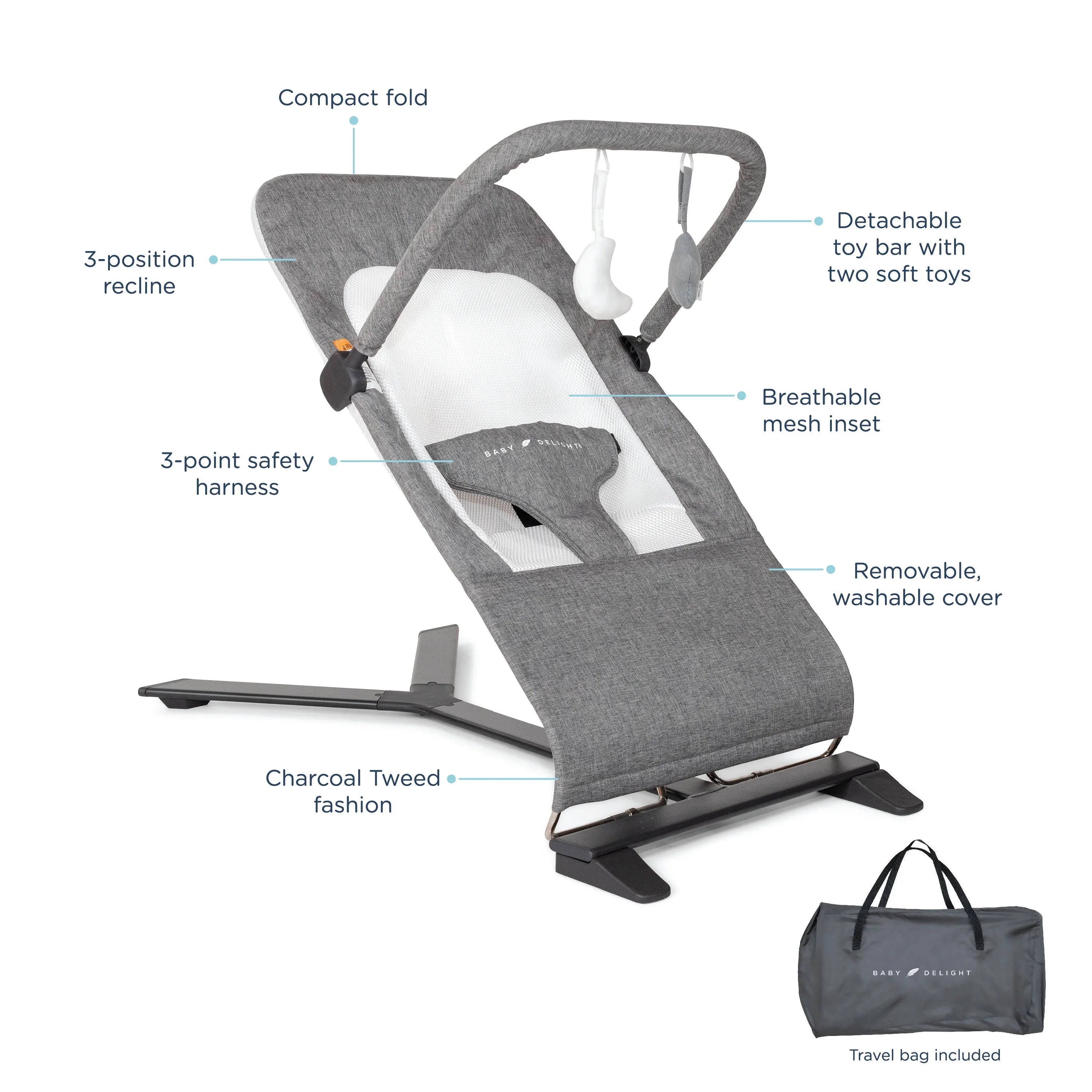 Baby Deluxe Portable Tweed Months, Baby Charcoal Delight 0-6 Infants Bouncer, for Alpine