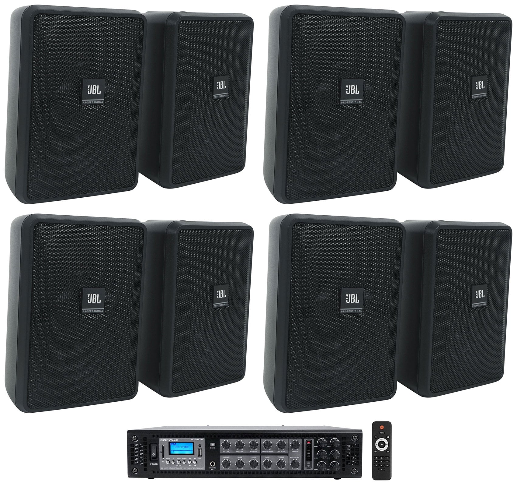 23-1 + (8) Indoor/exterior Commercial JBL Speakers Amp Black Wall 3" 70v Control