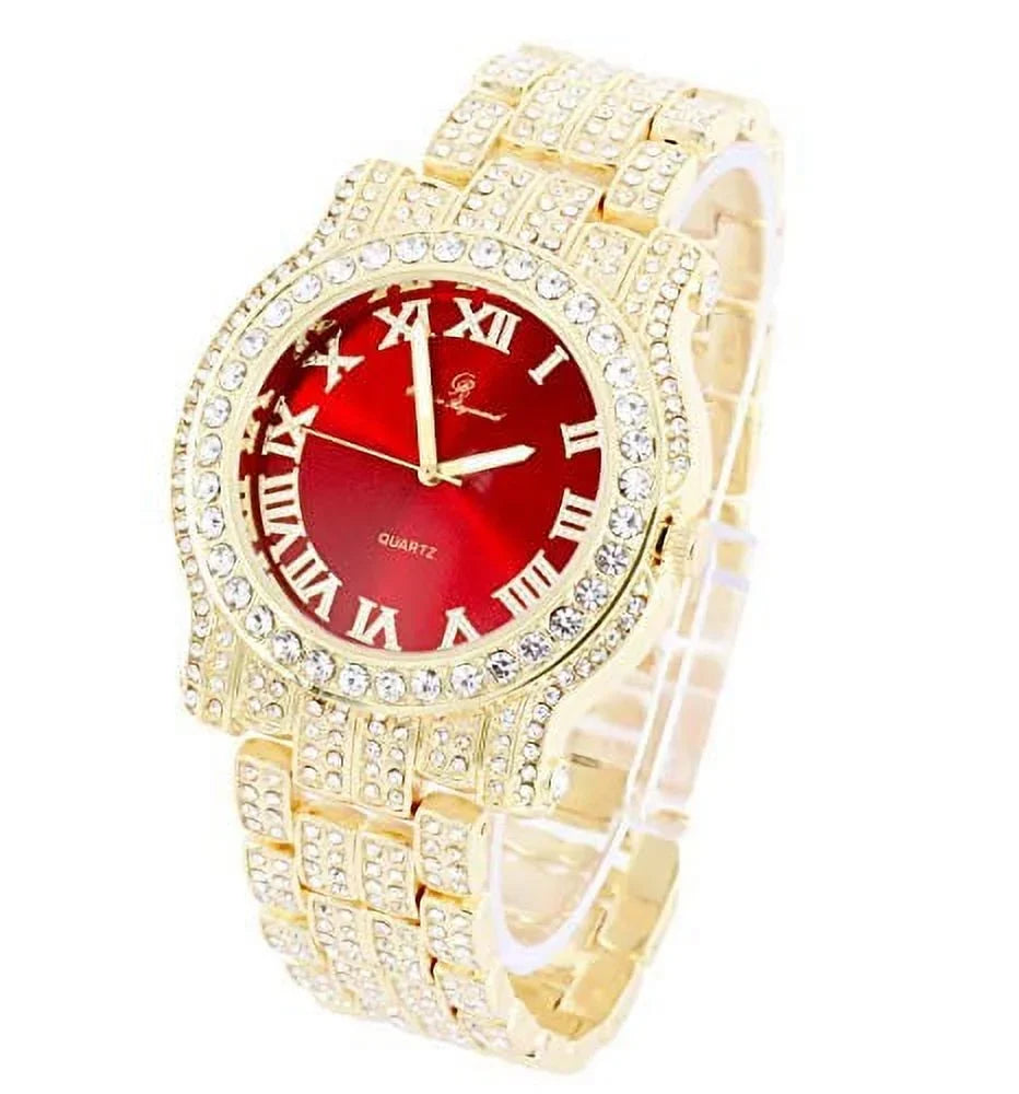 '- Gold Out w/Bling-ed Red ZZ Gold Blood Design Link Bling-ed Watch Luxury Mens Bracelet Round L0504RNB Out ZZ