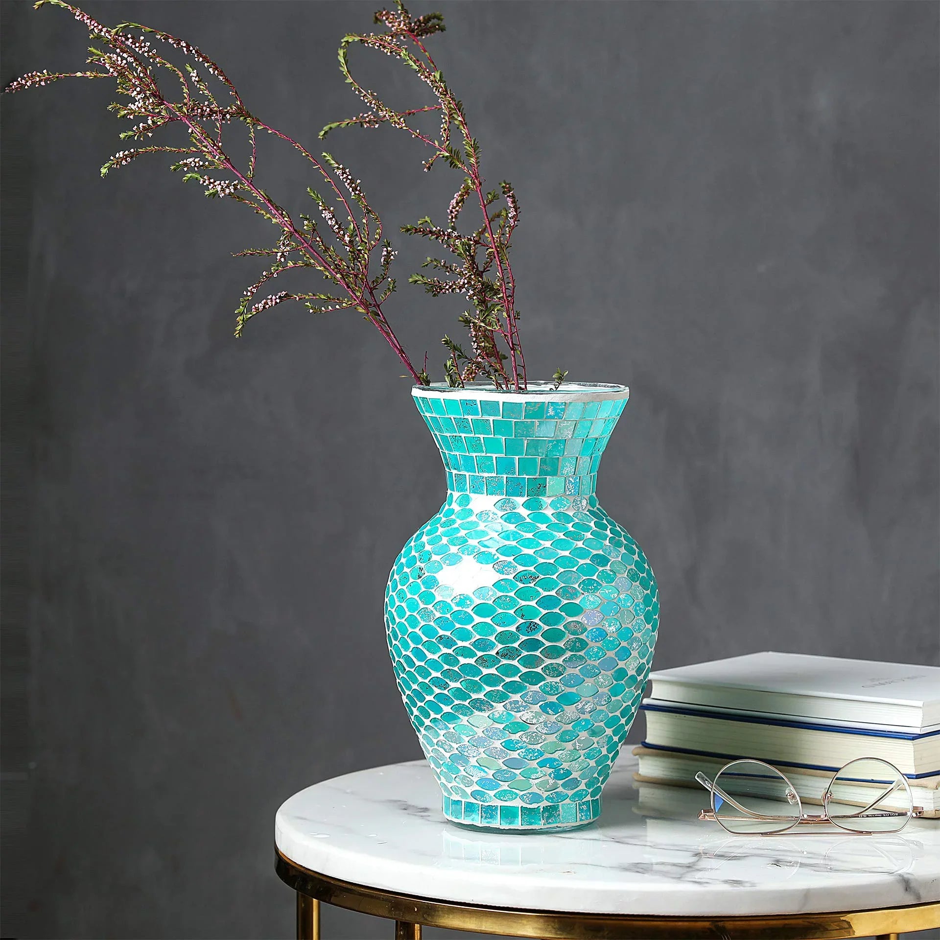 WHOLE (Blue) HOUSEWARES Glass Tall Mosaic 10.5" Vase