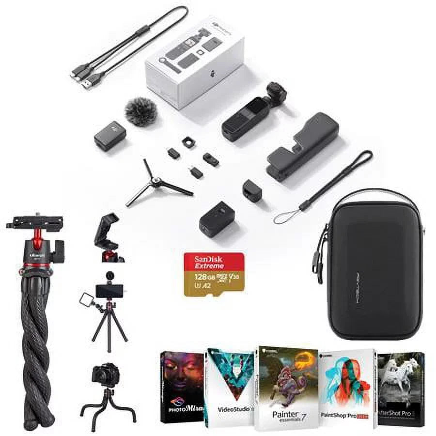 Bundle Combo Gimbal Case, Pocket PC Suite, Corel with 128GB microSD Creator Card, - Tripod Flexible Camera 2 Software