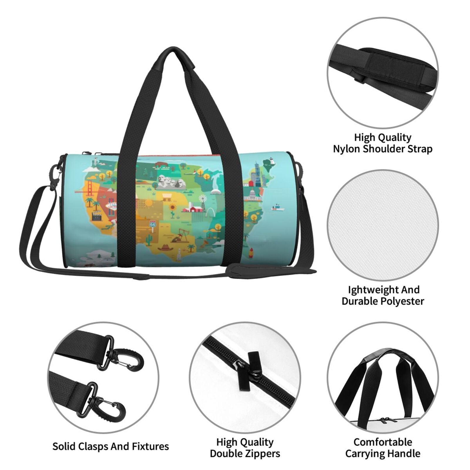 USA Pocket Bag and Tourist Coaee Large Compartment Map Travel with Luggage Sports Bag Cylinder Capacity Waterproof Bag Gym