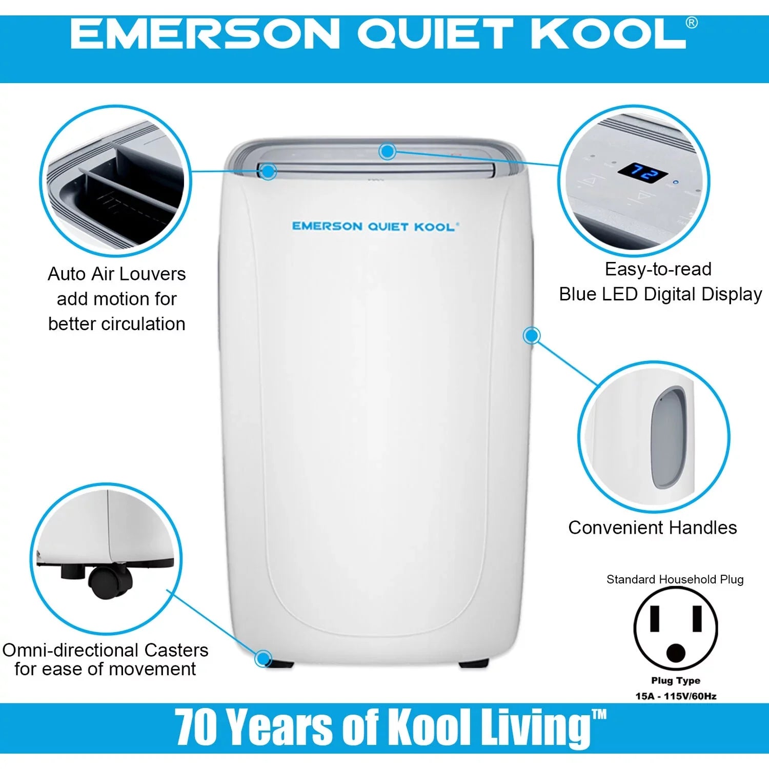 and SMART up Quiet Remote, Wi-Fi, Portable with Voice Emerson Kool for Control Conditioner Air Ft. to Rooms 300-Sq.