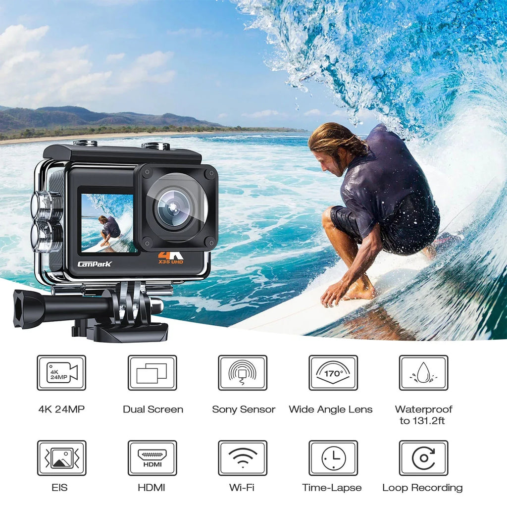 Camera 131FT CAMPARK Ultra Dual Camera Underwater Angle EIS 170 Waterproof Screen Action 24MP Wifi 4K/30FPS HD Color Wide Degree Camera