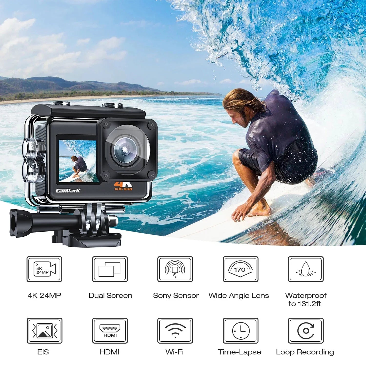 Camera 131FT CAMPARK Ultra Dual Camera Underwater Angle EIS 170 Waterproof Screen Action 24MP Wifi 4K/30FPS HD Color Wide Degree Camera