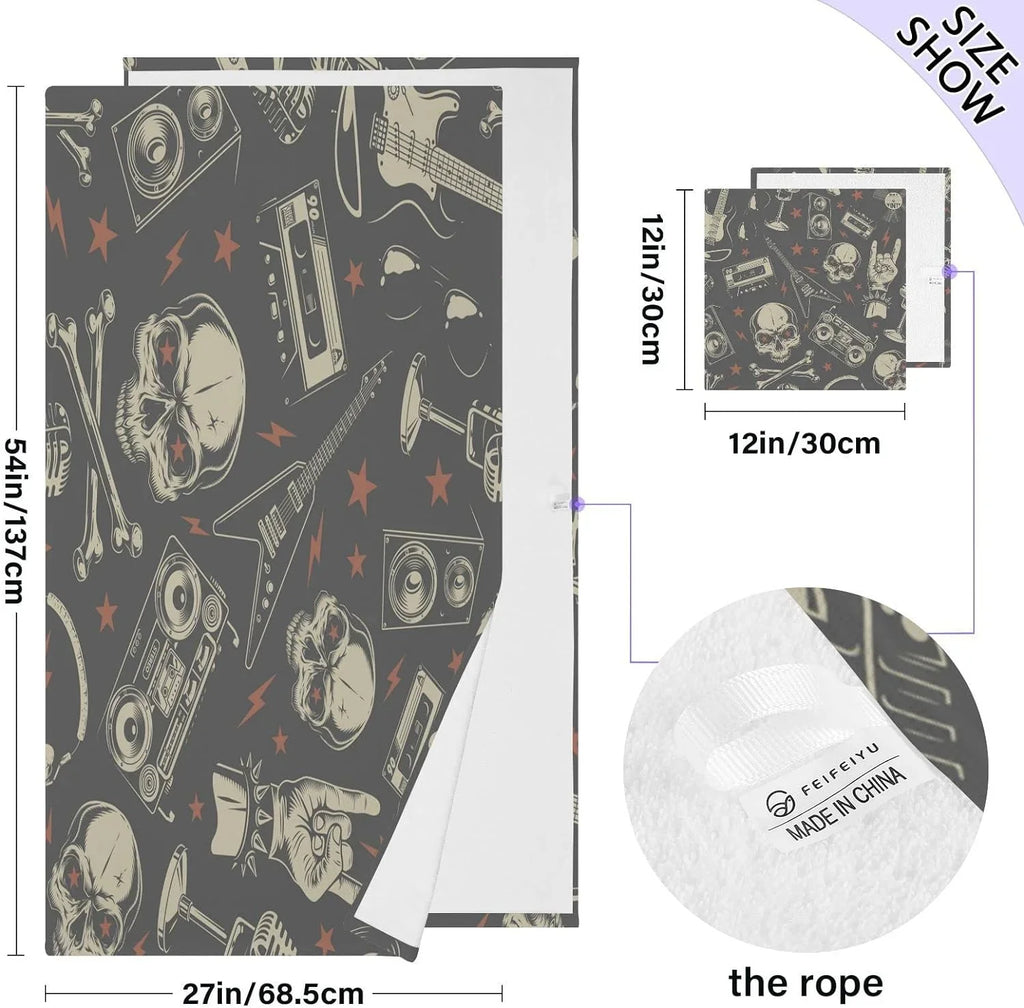 Pure Towel Washable Soft Pool,Sports, Bestwell Absorbent Yoga, Instrument Skull Machine Travel（420） Bath Set, Highly Towels 2 for Cotton Pack Rock