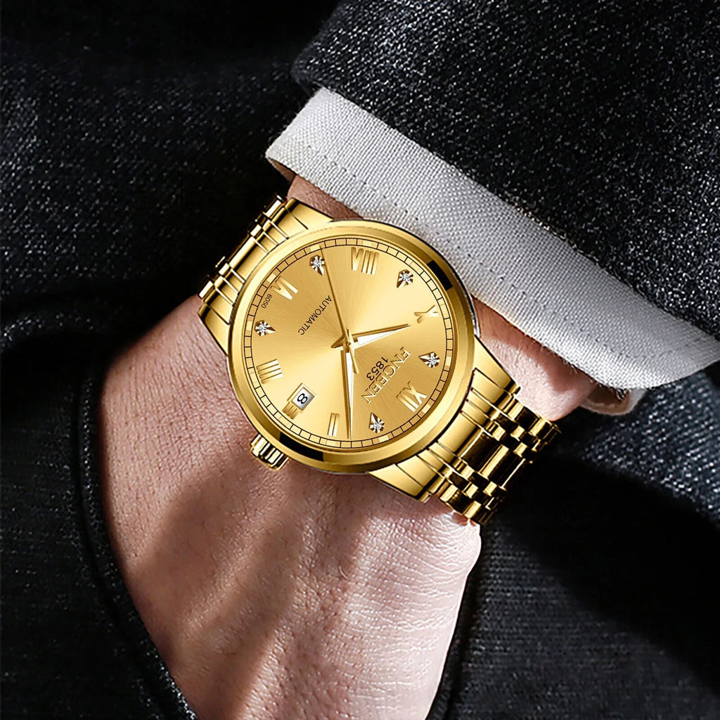 Stainless Tone Automatic Steel Watch Gold Wrist Men Waterproof Mechanical Luxury