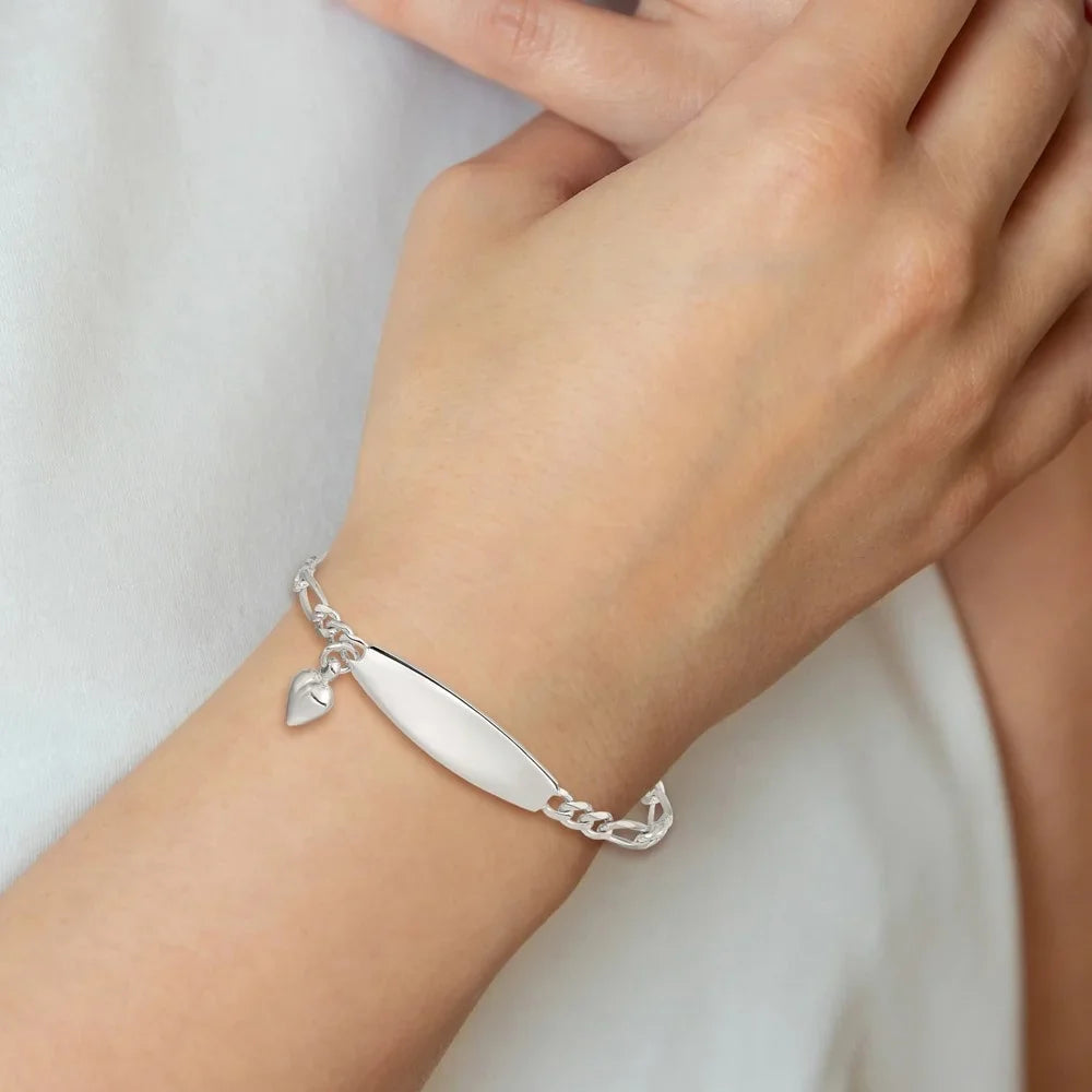 Silver Fine ID Sterling 8inch 925 with Figaro Women Link for Bracelet Auriga Heart Jewelry