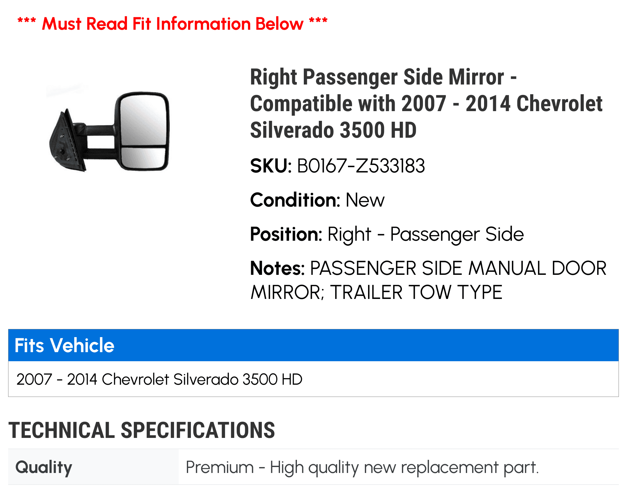 with 3500 - Chevy 2014 2013 Compatible 2010 Right Mirror Passenger Side 2007 2011 - Silverado HD 2012 2008 2009