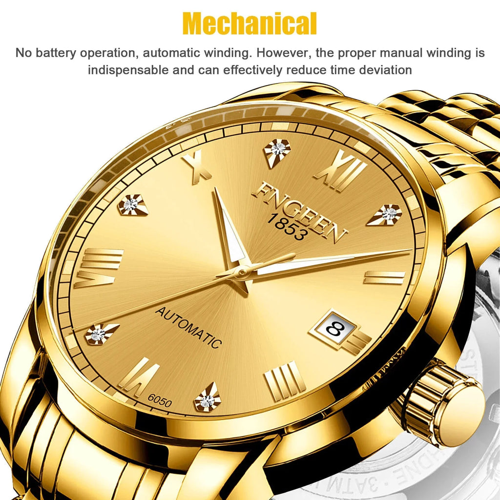 Stainless Tone Automatic Steel Watch Gold Wrist Men Waterproof Mechanical Luxury