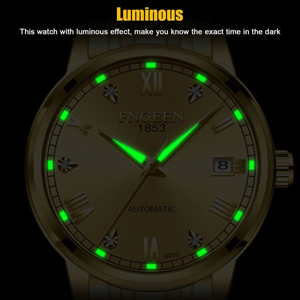 Stainless Tone Automatic Steel Watch Gold Wrist Men Waterproof Mechanical Luxury