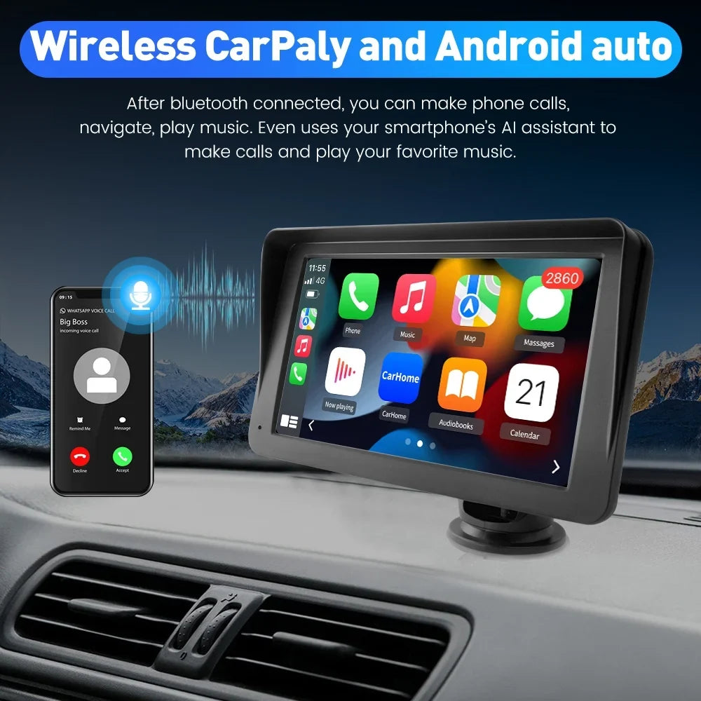 Bluetooth Stereo Wireless Video Touch GPS , Car Navigation,FM Audio, Carplay with 7 Support Screen Auto Awesafe Music, inch Android