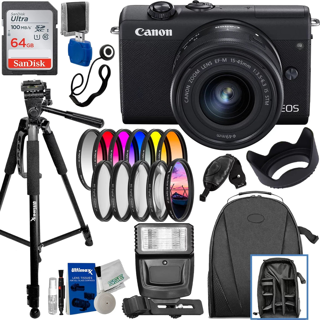 Canon Includes: Mirrorless More & 15-45mm IS Much Memory Ultimaxx Flash EOS Deluxe Card, Digital Camera w/ 64GB - Ultra with M200 f/3.5-6.3 STM Bundle Lens Bracket