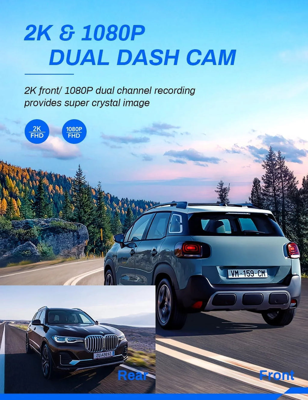 3 Car IPS Front Crosstour for GPS Backup Cam, Dash Cars inch Screen and Crosstour Camera Recorder Magnetic Dual Dash Dashboard Rear 2.5K Cam 170° Camera