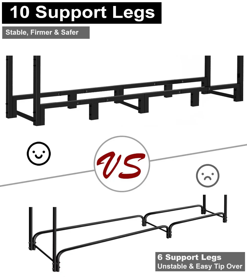 Wood Fireplace Koutemie Adjustable Storage, for Stand, 8Ft Holder Log Black Stacker Firewood exterior Fire Rack