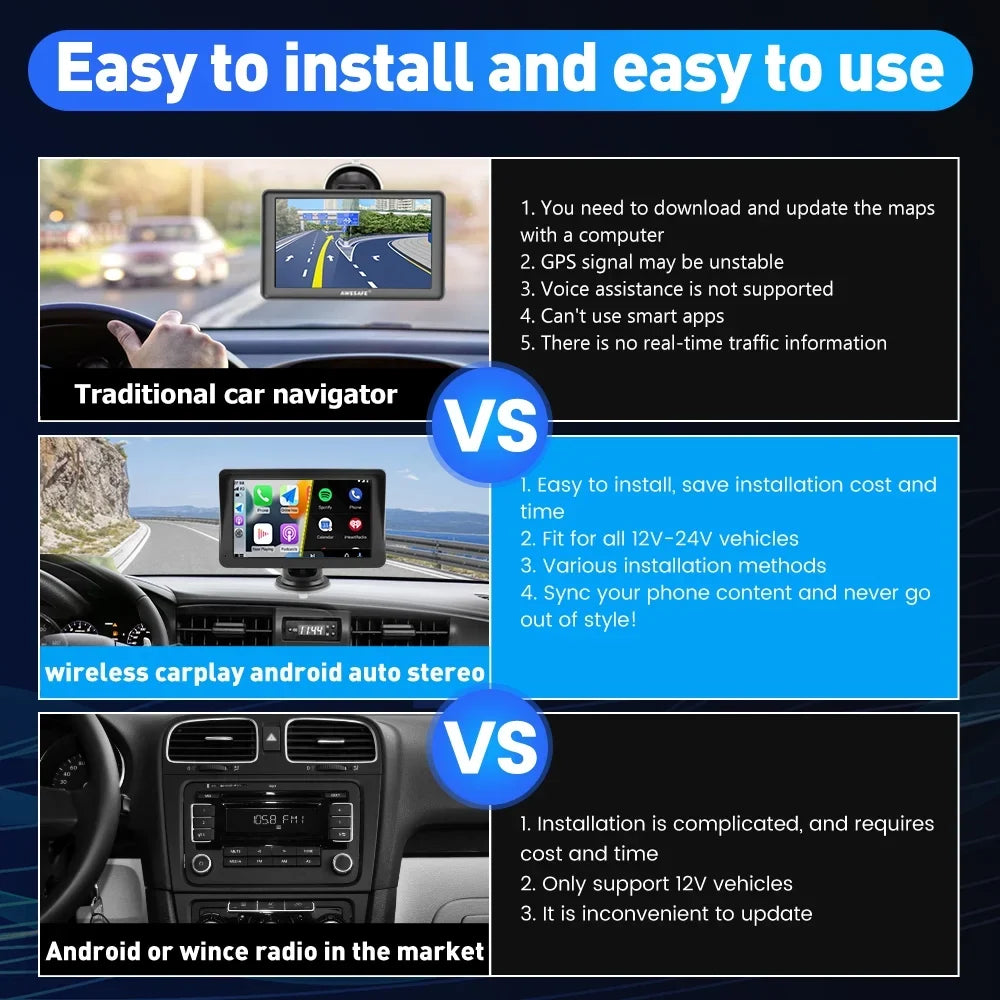 Bluetooth Stereo Wireless Video Touch GPS , Car Navigation,FM Audio, Carplay with 7 Support Screen Auto Awesafe Music, inch Android