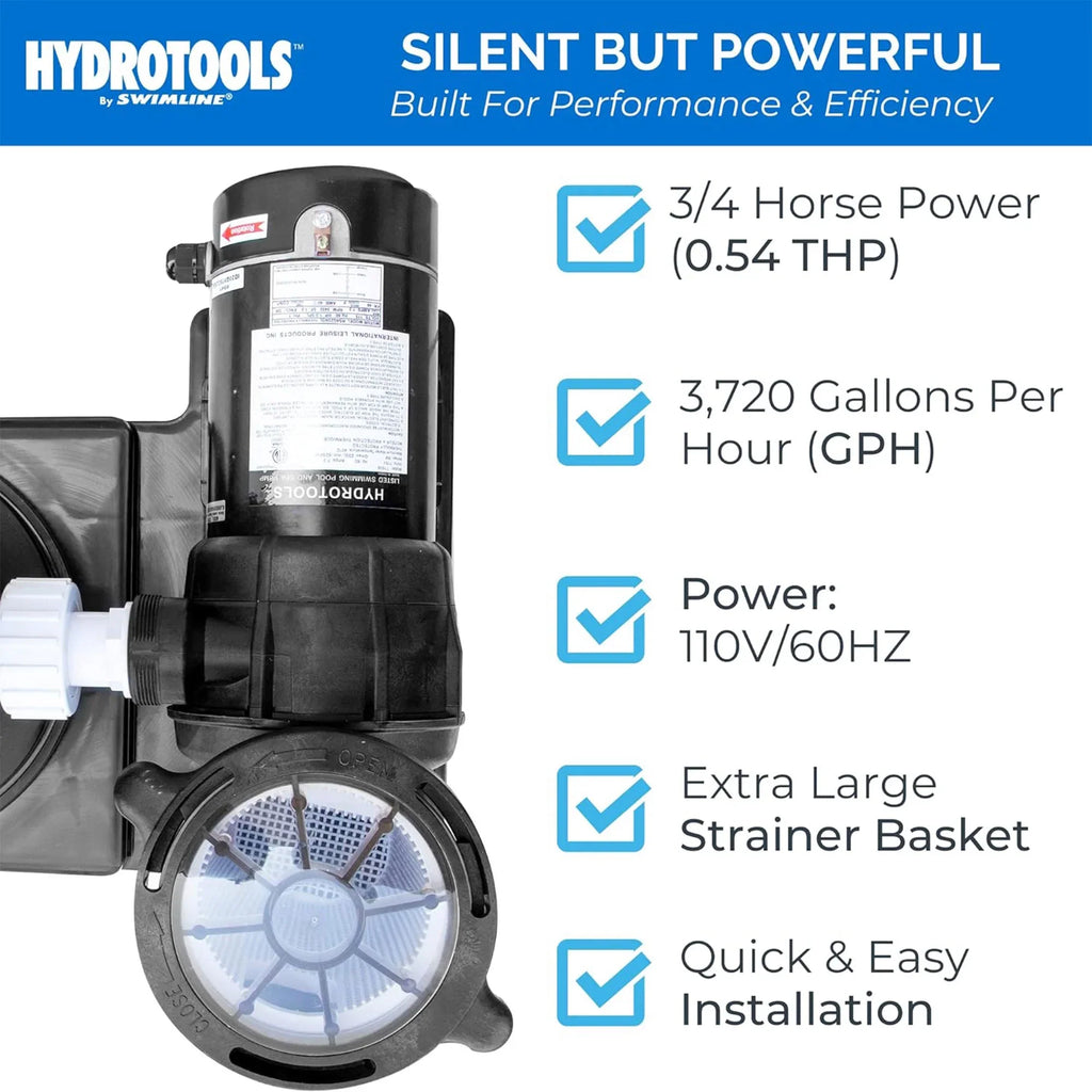 Saving GPH Extra GROUND Silent Energy 1 Powerful Speed Horizontal HYDROTOOLS Large SWIMLINE Hydro-Flo Noise DOE Basket By (0.55 0.75 Strainer ABOVE HP Pump Cert THP) 3720 115V 716061S Discharge Pool