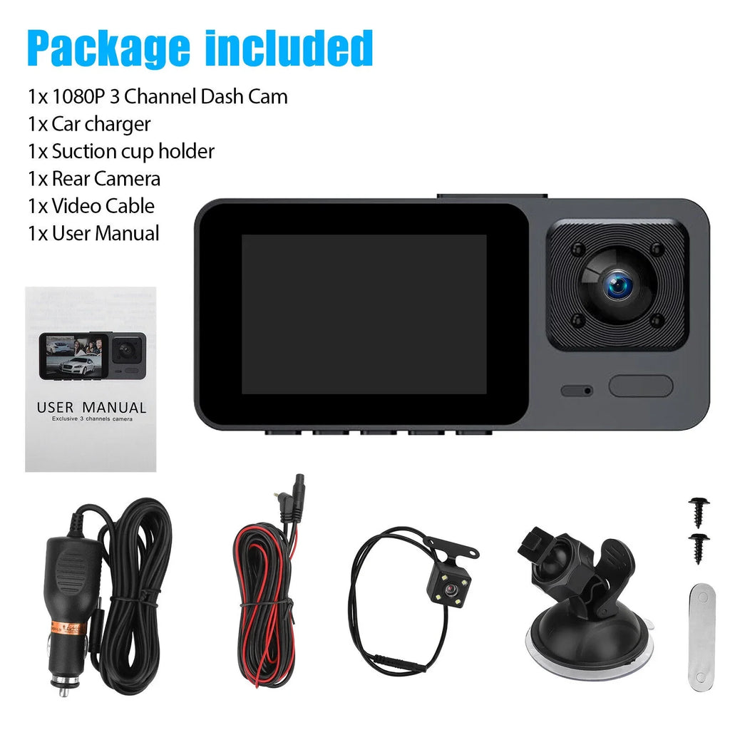 Video G-Sensor Inside DVR Dash Camera Car Cam Recorder 3 Front Lens 1080P Rear
