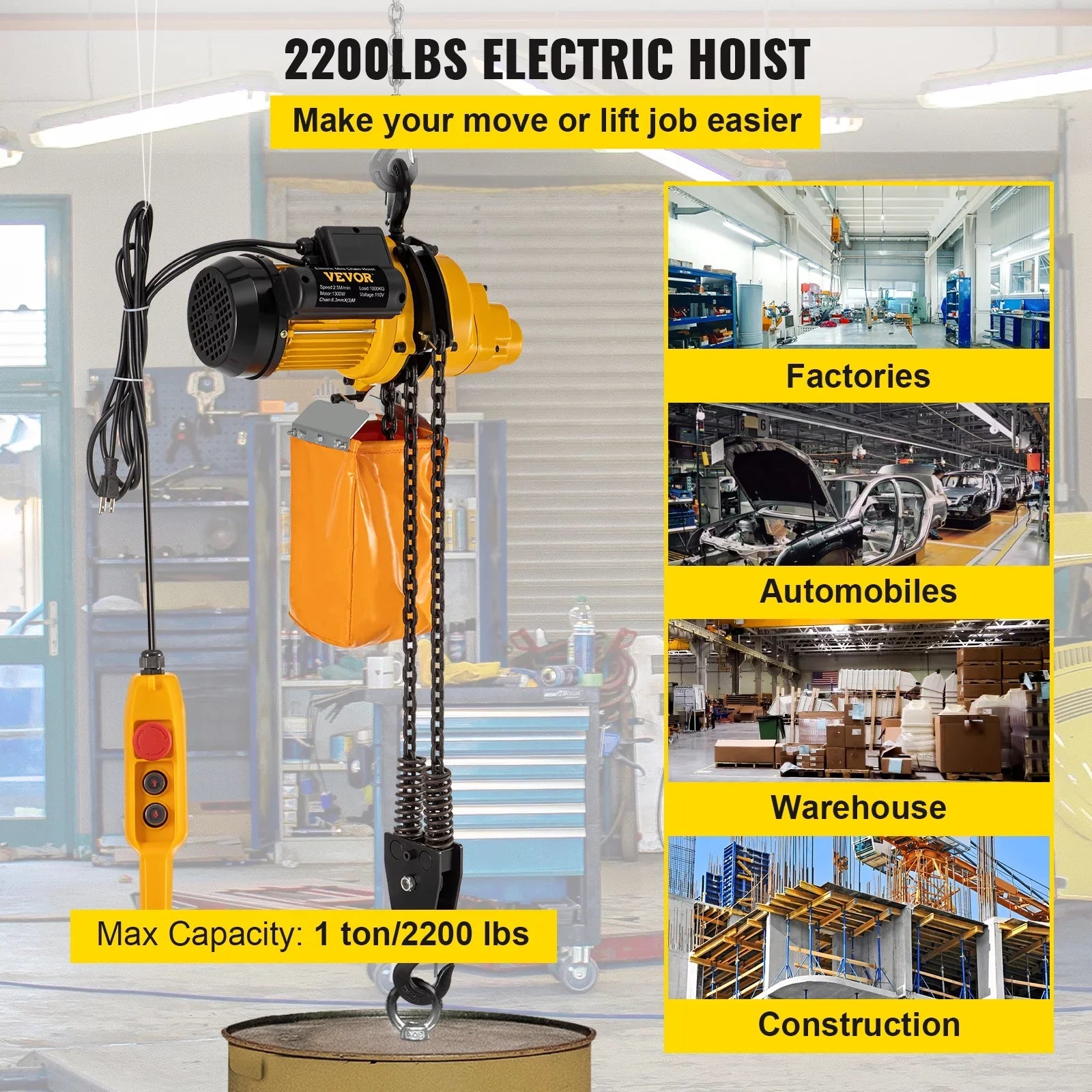 Height, Winch of Crane In Construction Control, Ceiling Lift 10ft Lift Remote Winch lbs Wired Warehouses, 110V Factories, Hoist, 2200 10ft w/ Garage Pulley Used Overhead Electric VEVOR Electric