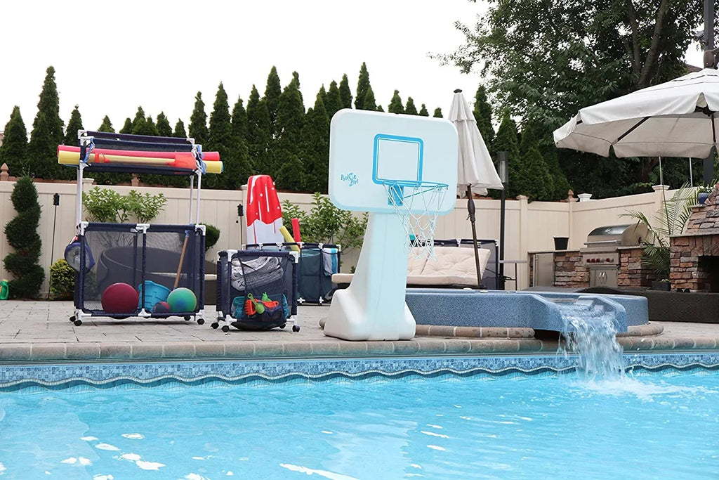 25" Toys, x Pool Storage 563009 Noodles Equipment Holder, Rolling 28" H), Large, White Mesh Organizer and Balls Blue / Height, Bin, (43" x Kids W Floats L design