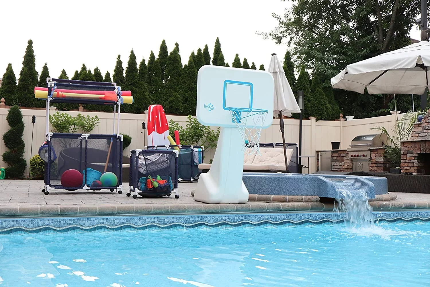 25" Toys, x Pool Storage 563009 Noodles Equipment Holder, Rolling 28" H), Large, White Mesh Organizer and Balls Blue / Height, Bin, (43" x Kids W Floats L design